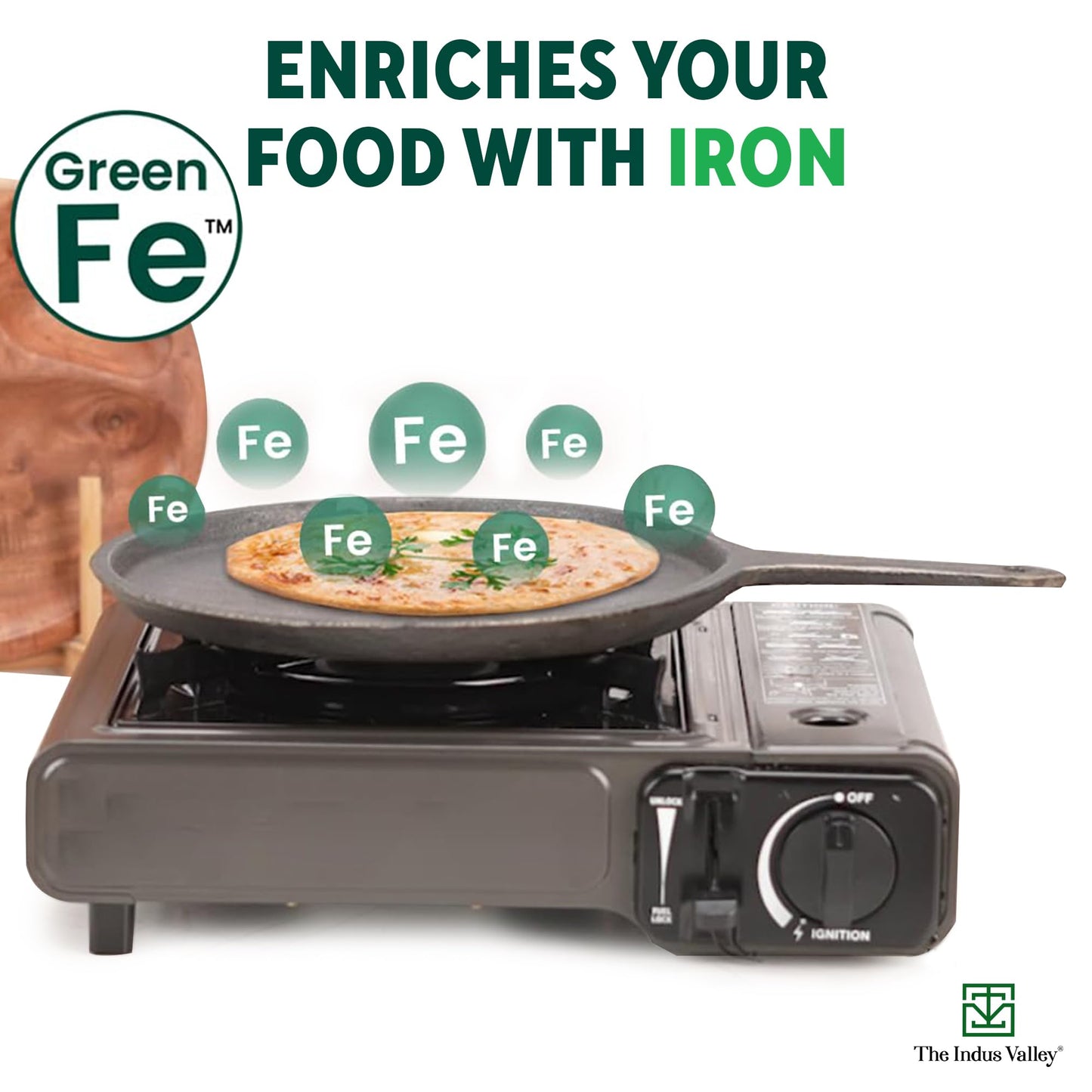 The Indus Valley Pre-Seasoned Cast Iron Tawa with Free Wooden Spatula for Dosa/Chapathi | 25.7cm/10.3 inch, 2kg | Induction Friendly | Naturally Nonstick, 100% Pure & Toxin-Free, No Chemical Coating