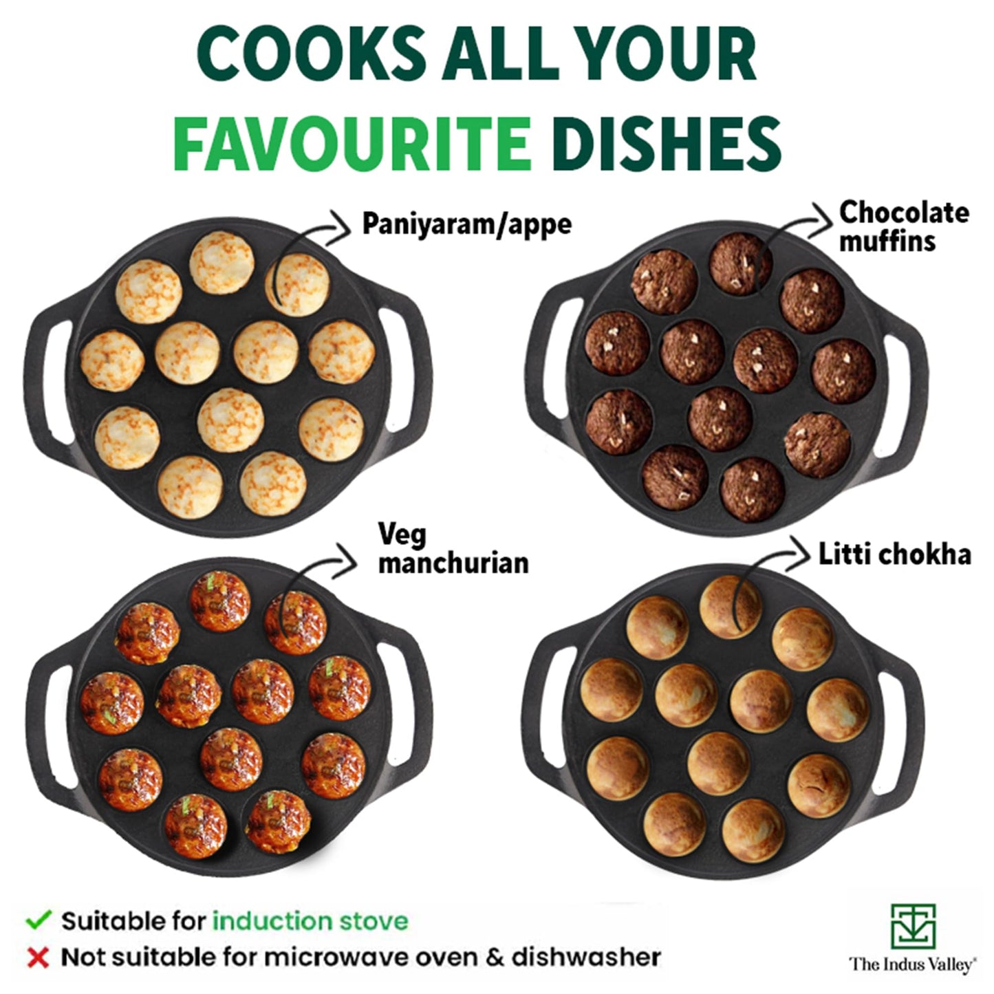 The Indus Valley Pre-Seasoned Cast Iron Paniyaram Pan With Spatula|Medium, 12Pit, 8.3Inch/21 Cm, 2Kg|Induction Friendly|Nonstick Appe/Paddu Pan, 100% Pure & Toxin-Free, No Chemical Coating, Black