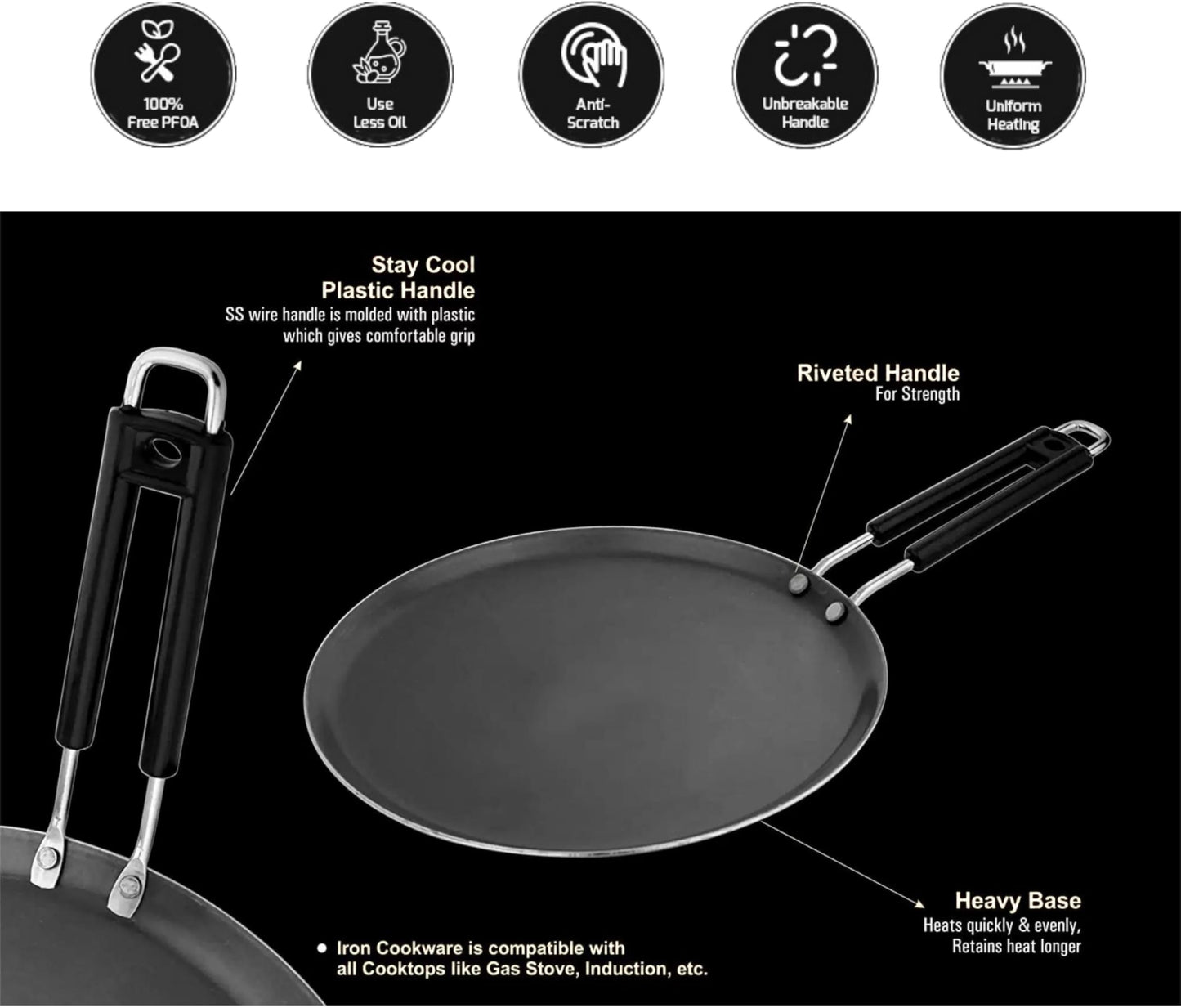 Traditional Cooking Excellence: Heavy-Duty Cast Iron Dosa Tawa - 9 inch Tawa 22.5 cm Diameter (Cast Iron) Iron-DOSA-TAWA