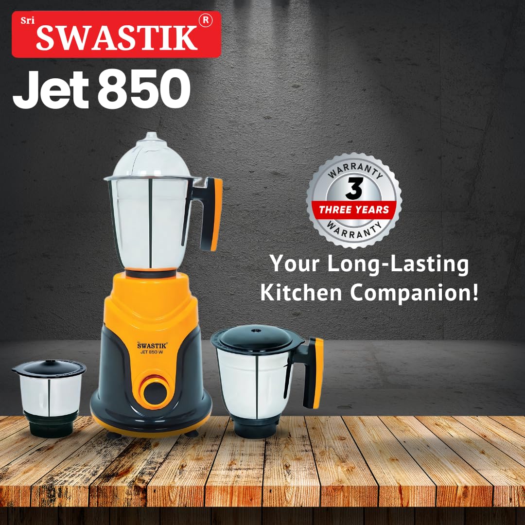 Sri Swastik Jet 850 Mixer Grinder | 850W Heavy-Duty Motor | 3 Stainless Steel Jars | Orange