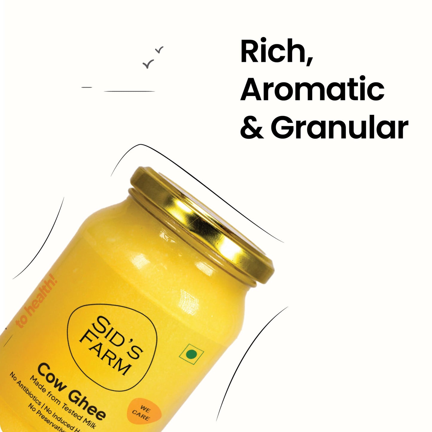 Sid’s Farm Cow Ghee - 350g | Aromatic and Granular | Made With Safe Tested Milk | Free From Antibiotics, Preservatives and Induced Hormones | Glass Jar