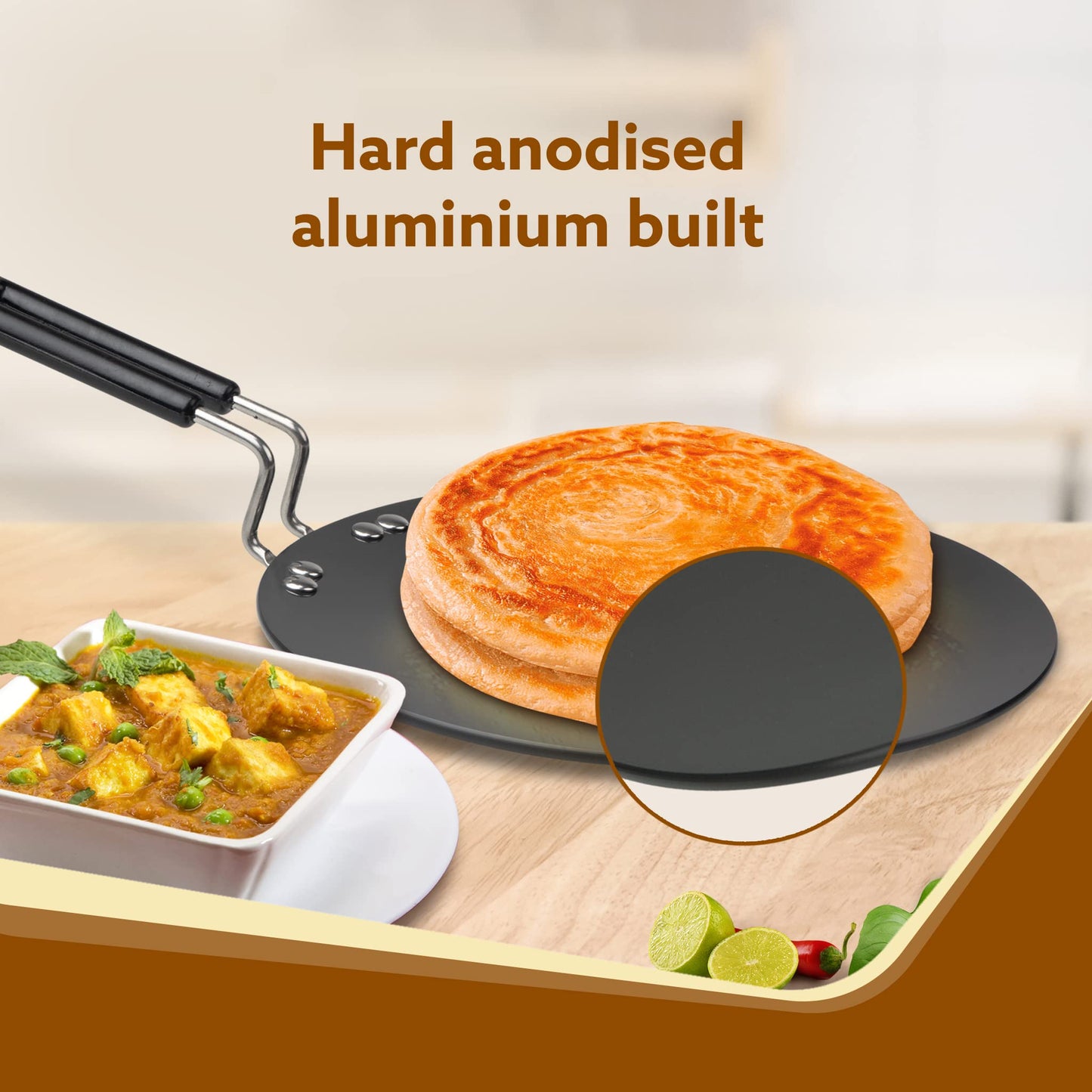 AGARO Elite Hard Anodised Tawa for Kitchen, 28 cm Diameter Tawa for Roti, Chapati, Paratha, Riveted Handle, 4 mm Thick Base for Uniform Heating, Gas & Induction Oven Compatible, Cooking, Cookware