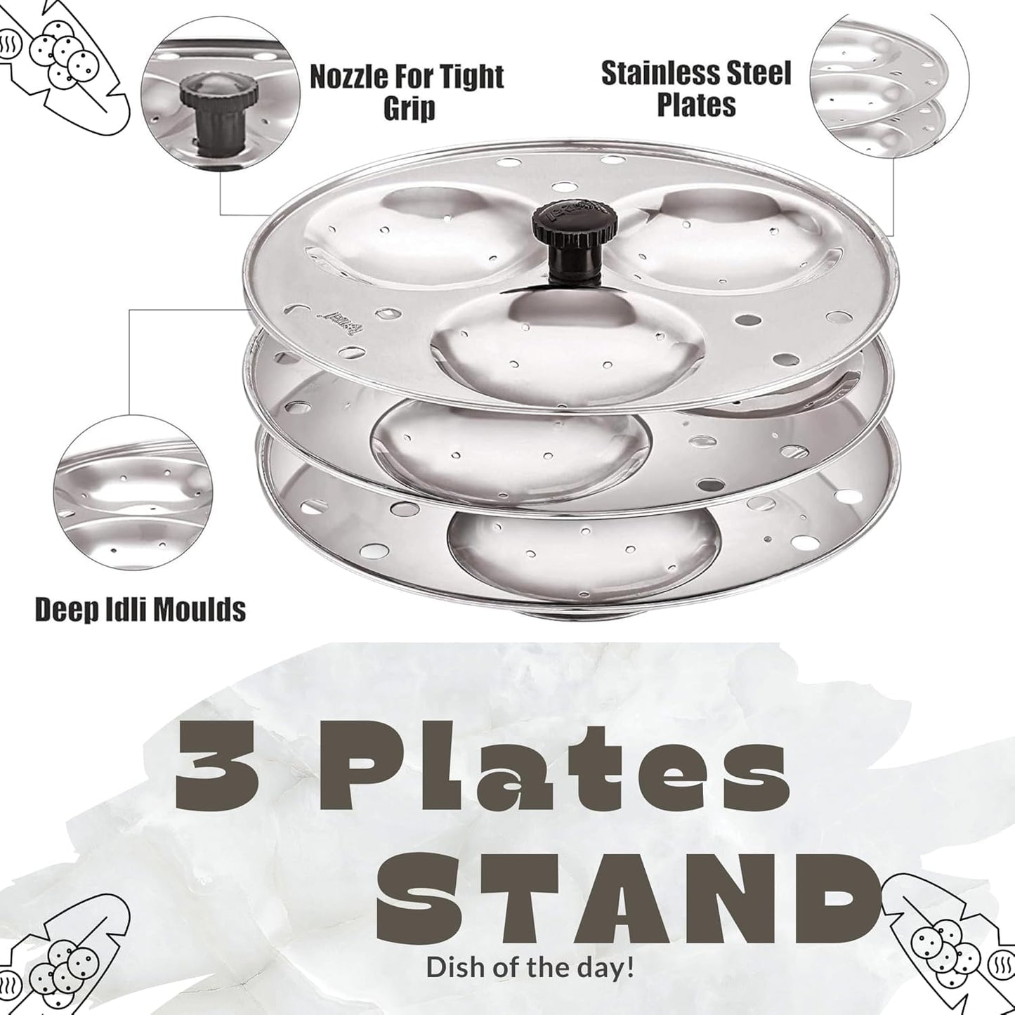 Blluex Stainless Steel Heavy Quality Idli Stand For 5 Liter above Cooker Idli Maker Makes 9 Medium Size Idlis At Once With Stand Kitchen Tool 3 Plates - Silver