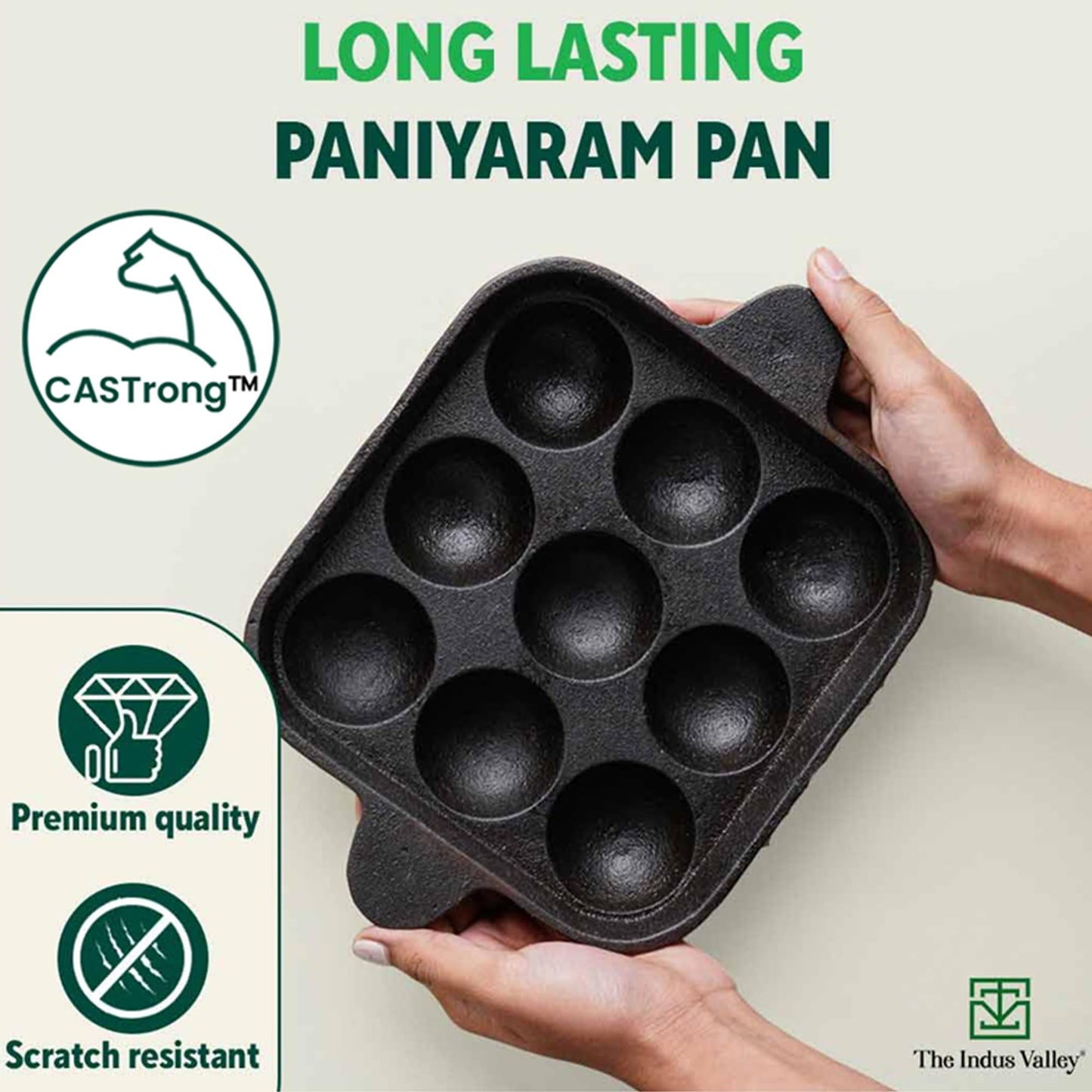 The Indus Valley Pre-Seasoned Cast Iron Square Paniyaram Pan | 9pit, 24cm/9.4inch, 1.3kg | Naturally Nonstick Appe/Paddu Pan, 100% Pure & Toxin-Free, No Chemical Coating, Black