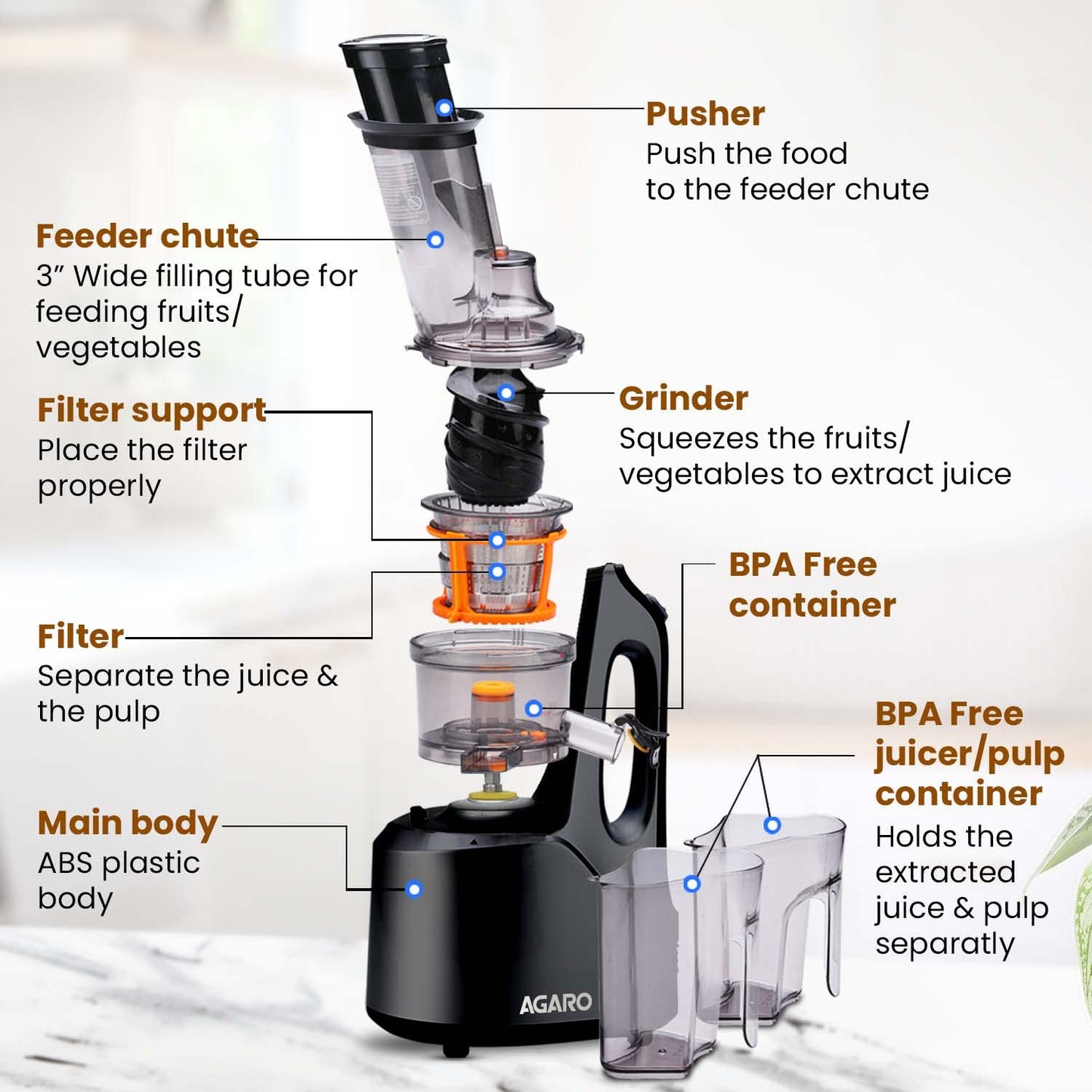 AGARO Royal Slow Juicer, Professional Cold Press Whole Slow Juicer, 240 Watts Power Motor, 120 Minutes Long Usage, 3 Strainers, All-in-1 Fruit & Vegetable Juicer, Black