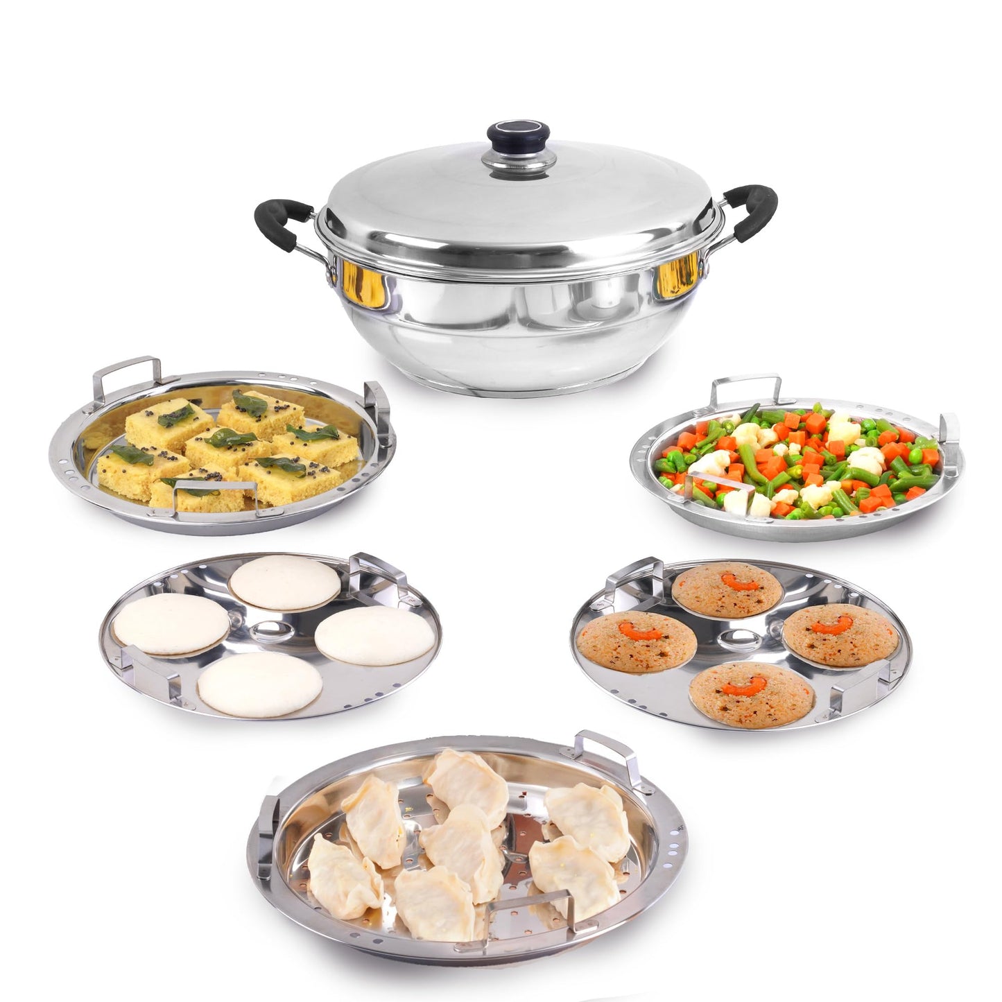 The Indus Valley Stainless Steel Idli Maker/Momo Maker/Multi Kadai/Steamer Set | Small, 5 Plates, 2 Idli | 2 Dhokla | 1 Steamer | 23cm/9 inch, 3Ltr, 1.7kg | 3-Layer Thick Bottom | Induction friendly