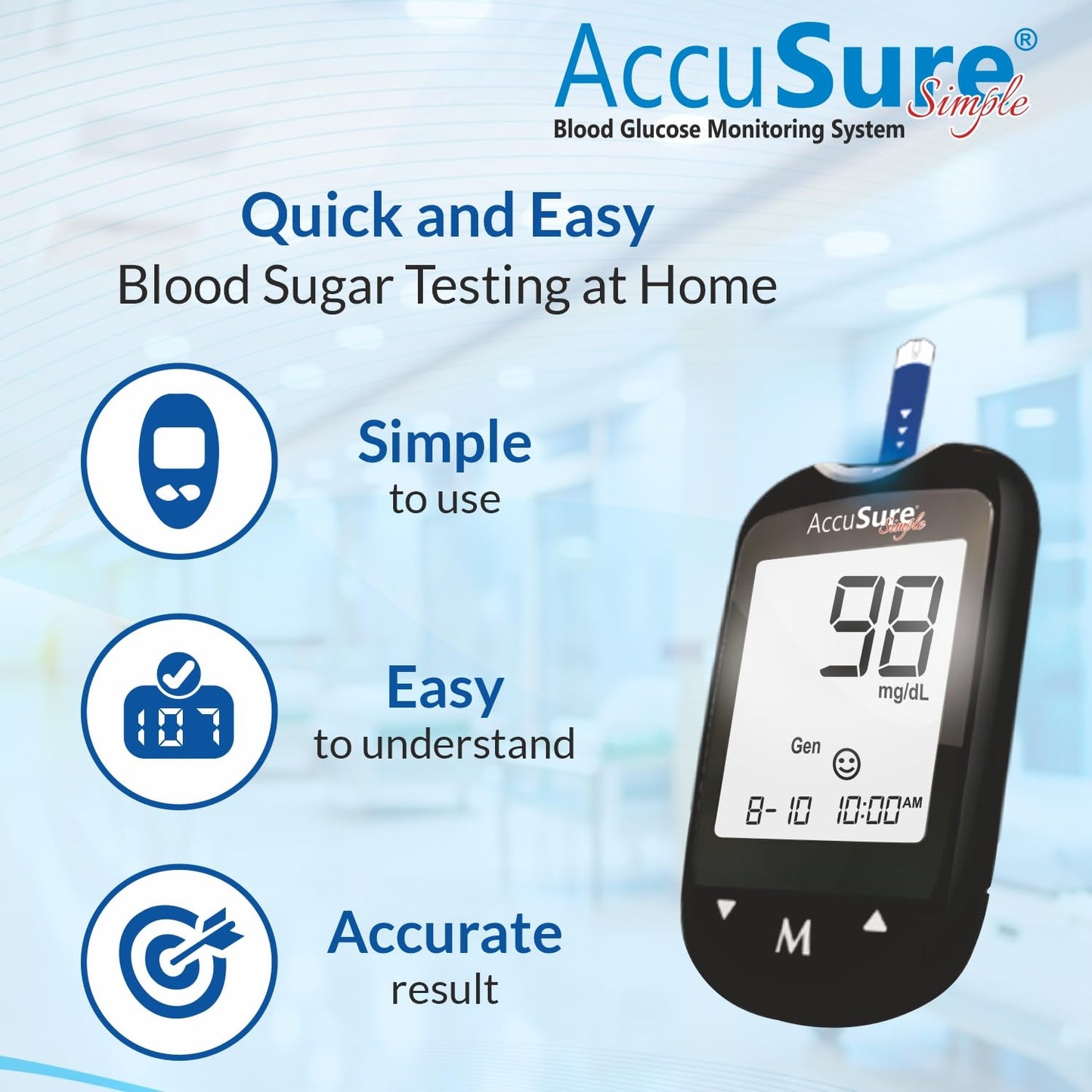 AccuSure Instant Digital Simple Glucometer Kit |with 25 Strips,10 Lancet,1 Lancing device for Accurate Blood Glucose Sugar Testing Machine
