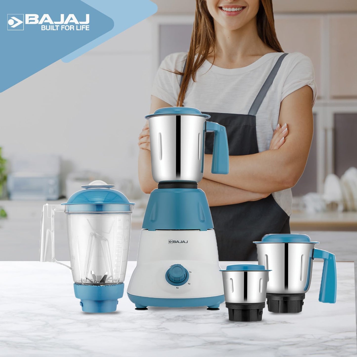 Bajaj Rex Dlx Mixer Grinder 750 Watts Mixie For Kitchen With Nutri-Pro Feature|4 Stainless Steel Mixer Jars|Multifunctional Blade Dry & Wet Grinding Overload Protector|1-Yr Warranty|White/Blue