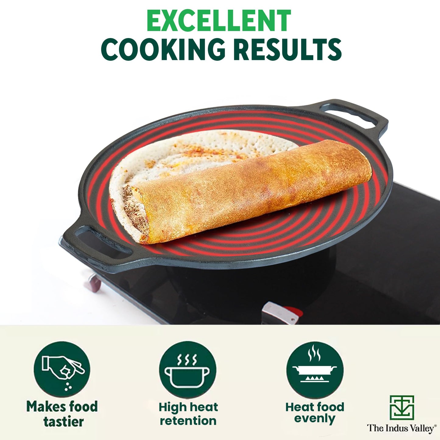 The Indus Valley Pre-Seasoned Cast Iron Tawa for Dosa/Chapathi | 30.2cm/11.8 inch, 2.4kg | Induction Friendly | Nonstick, Pre-Seasoned Tawa, 100% Pure & Toxin-Free, No Chemical Coating, Black