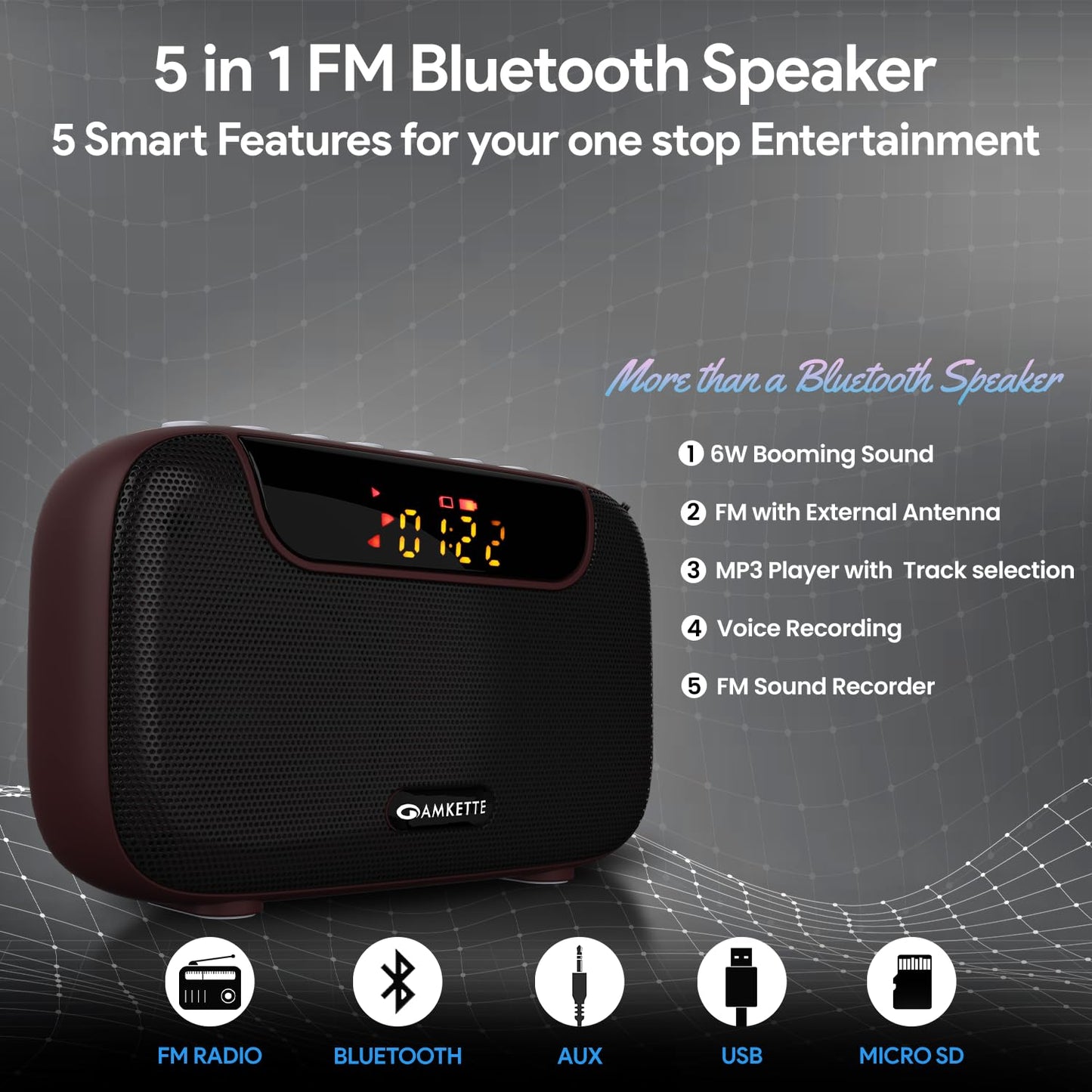 Amkette Pocket Blast 5 in 1 FM Radio with Bluetooth, Powerful Sound, Voice & FM Recording, External Antenna, 7+ Hours Playback, MP3 Player with Number Pad (AUX, SD Card, USB Input) (Brown)