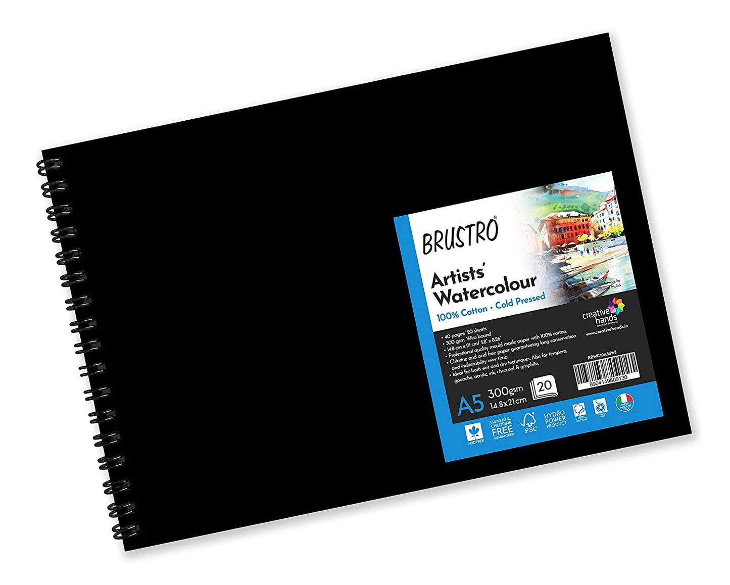 BRUSTRO Artist 100% Cotton Watercolour Wiro Bound Landscape Journal Cold Pressed 300 GSM, A5 - (20 Sheets)