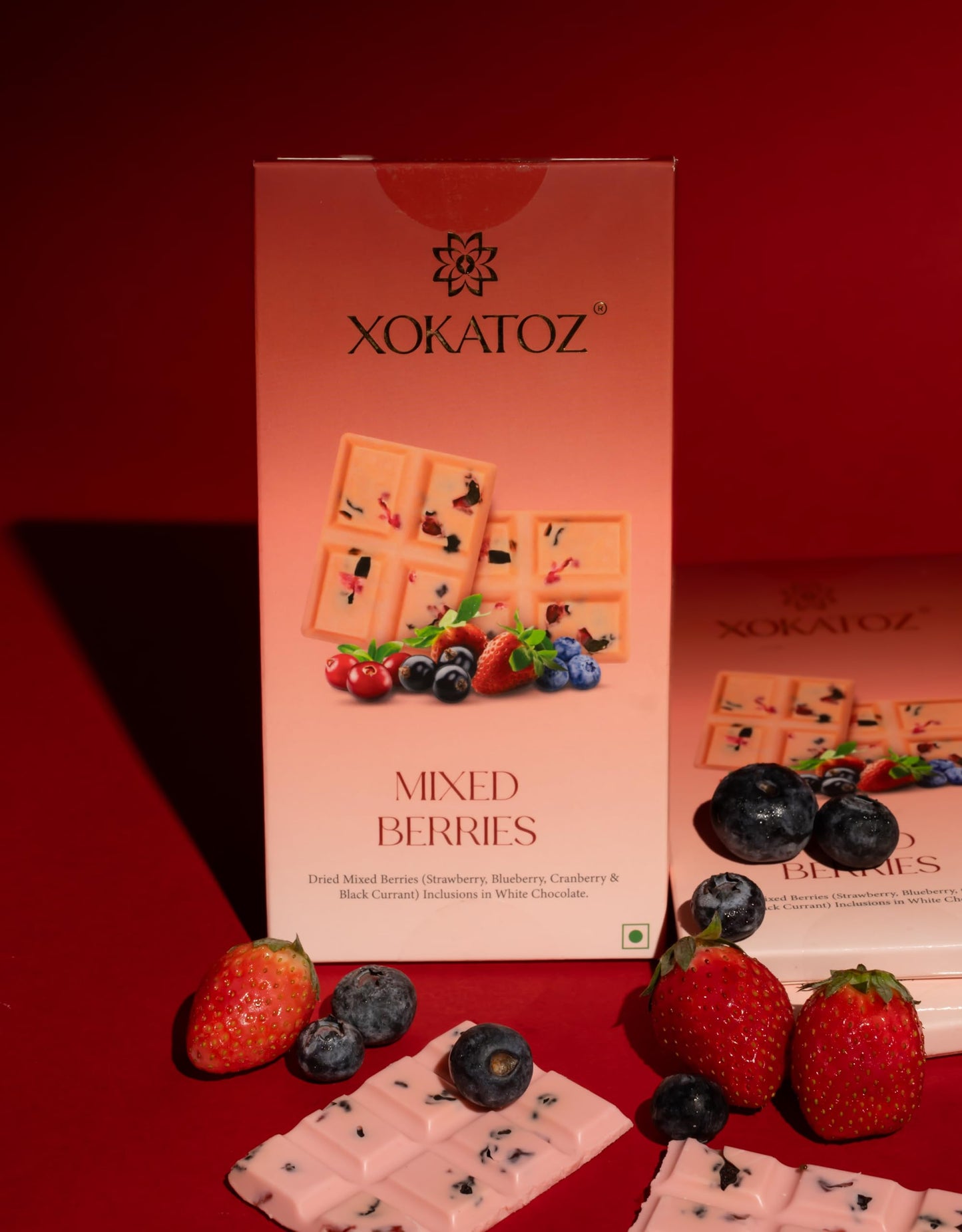 XOKATOZ Exotic Premium Chocolate - 1 Mixed Berries and 1 Kesar Pista Flavours - Flavoured White Chocolate Bars - Gift Set- Pack of 2, 150g (75g x 2)