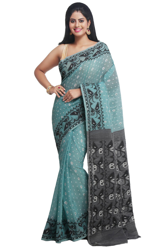 WoodenTant Women's Bengal Made Soft Dhakai Jamdani Saree Without Blouse Piece. (Beige & Green, Cotton)