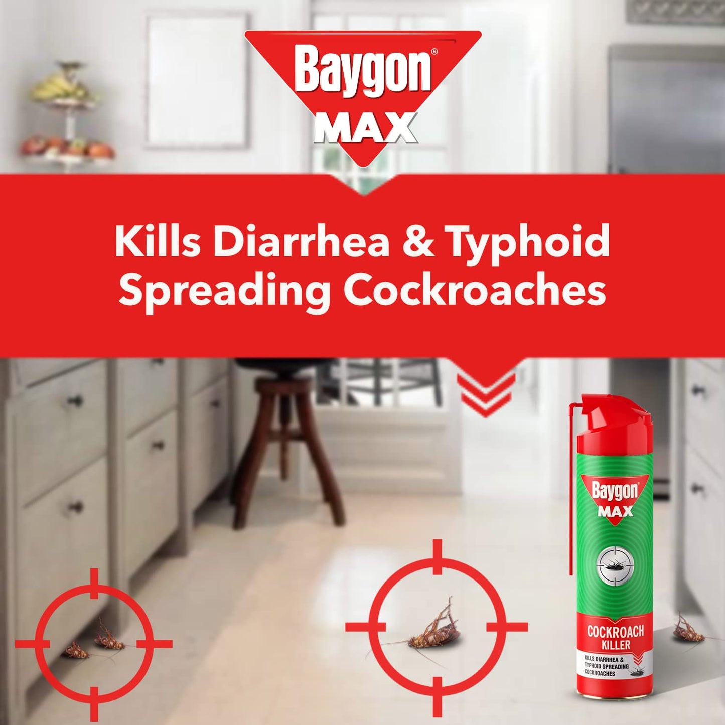 Baygon Max Cockroach Killer Spray, 625ml | Kills Diarrhea and Typhoid Spreading Cockroaches | 360 Degree Deep-Reach MaxiWand | Lasts Up To 4 Weeks