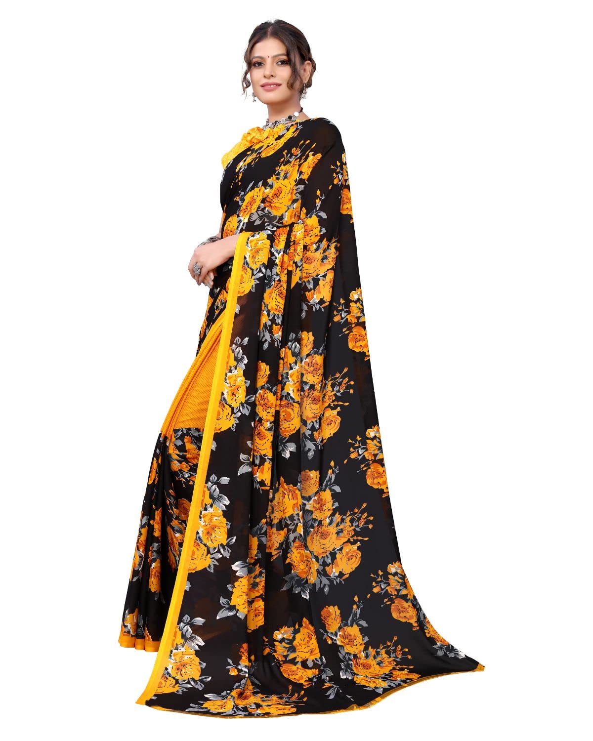 Tarshika Women's Yellow Floral Printed Georgette Saree with unstitched blouse piece(FLORAL YELLOW_W_Free Size)