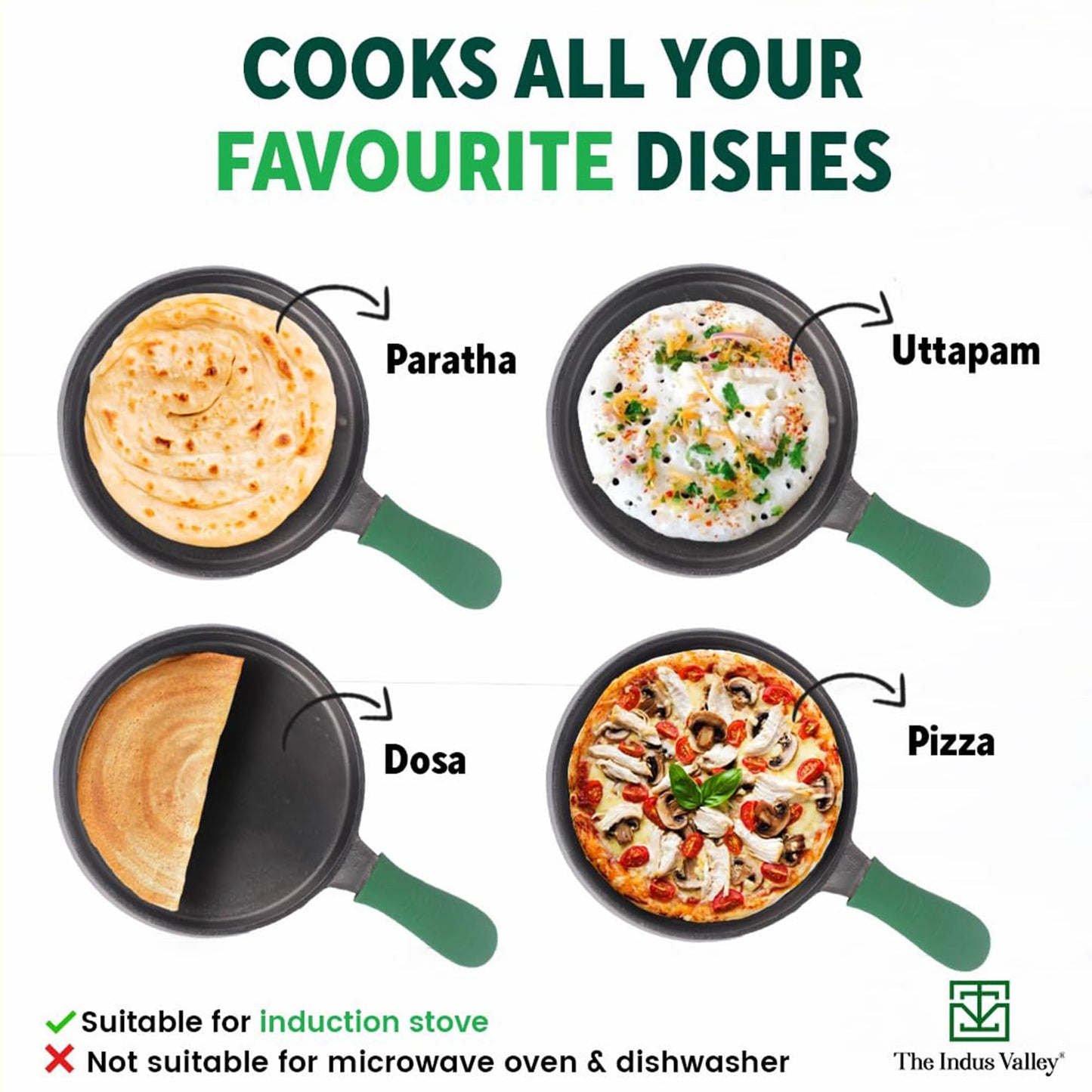 The Indus Valley Pre-Seasoned Cast Iron Tawa for Dosa/Chapathi with Silicone Grip | 25.5cm/10 inch, 2.1kg | Induction Friendly | Naturally Nonstick, 100% Pure & Toxin-Free, No Chemical Coating