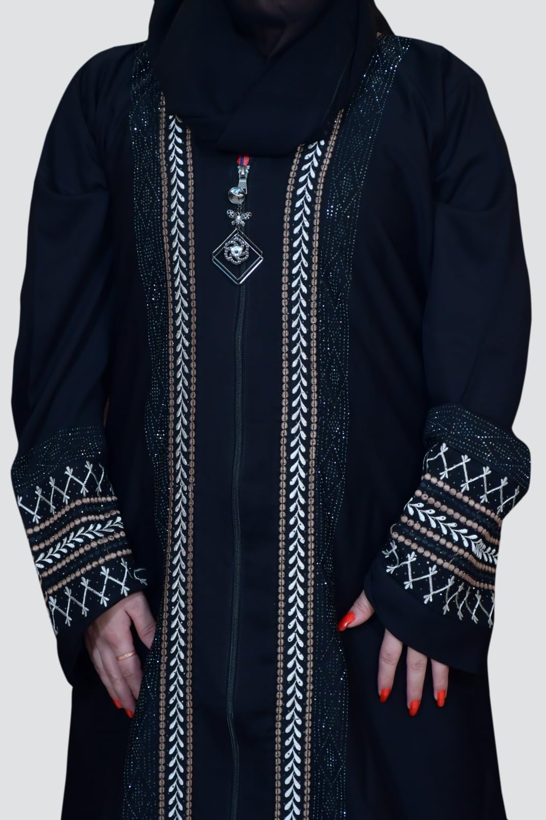 Women's Pure Cotton Muslim Abaya Burqa Bhurkha with Hijab | Dubai Style Front Patti and Sleeves Embroidery Dubai Abaya Kaftan Kaftan (Free Size)