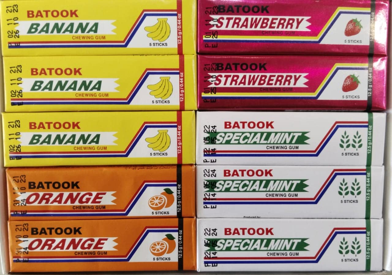 Batook Chewing Gum Variety Pack of Mix Flavours 5 Orange,5 Special Mint,5 Strawberry,5 Banana (20 X 12.5g), 250g