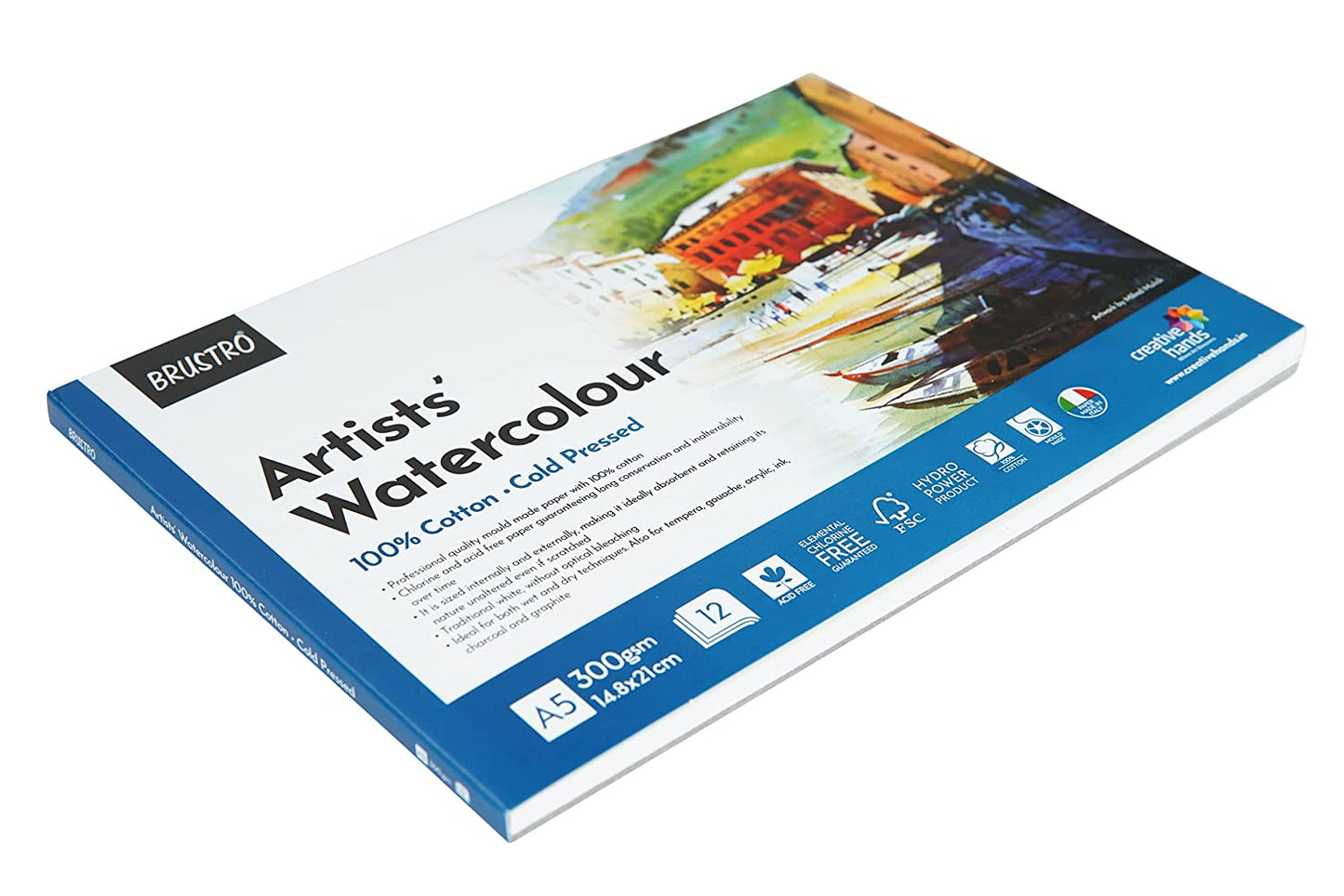 Brustro Artists' Watercolour 100% Cotton 300gsm Cold Pressed Pad, 12 Sheets, Size- A5