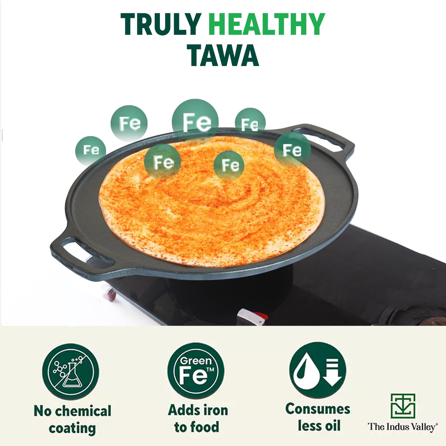 The Indus Valley Pre-Seasoned Cast Iron Tawa for Dosa/Chapathi | 30.2cm/11.8 inch, 2.4kg | Induction Friendly | Nonstick, Pre-Seasoned Tawa, 100% Pure & Toxin-Free, No Chemical Coating, Black