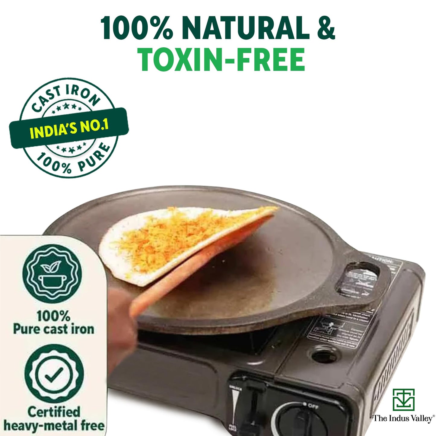 The Indus Valley Super Smooth Cast Iron Tawa for Dosa/Chapathi + Free Spatula | 30.5cm/12 inch, 3kg | Induction Friendly | Naturally Nonstick, Pre-Seasoned Tawa, 100% Pure & Toxin-Free