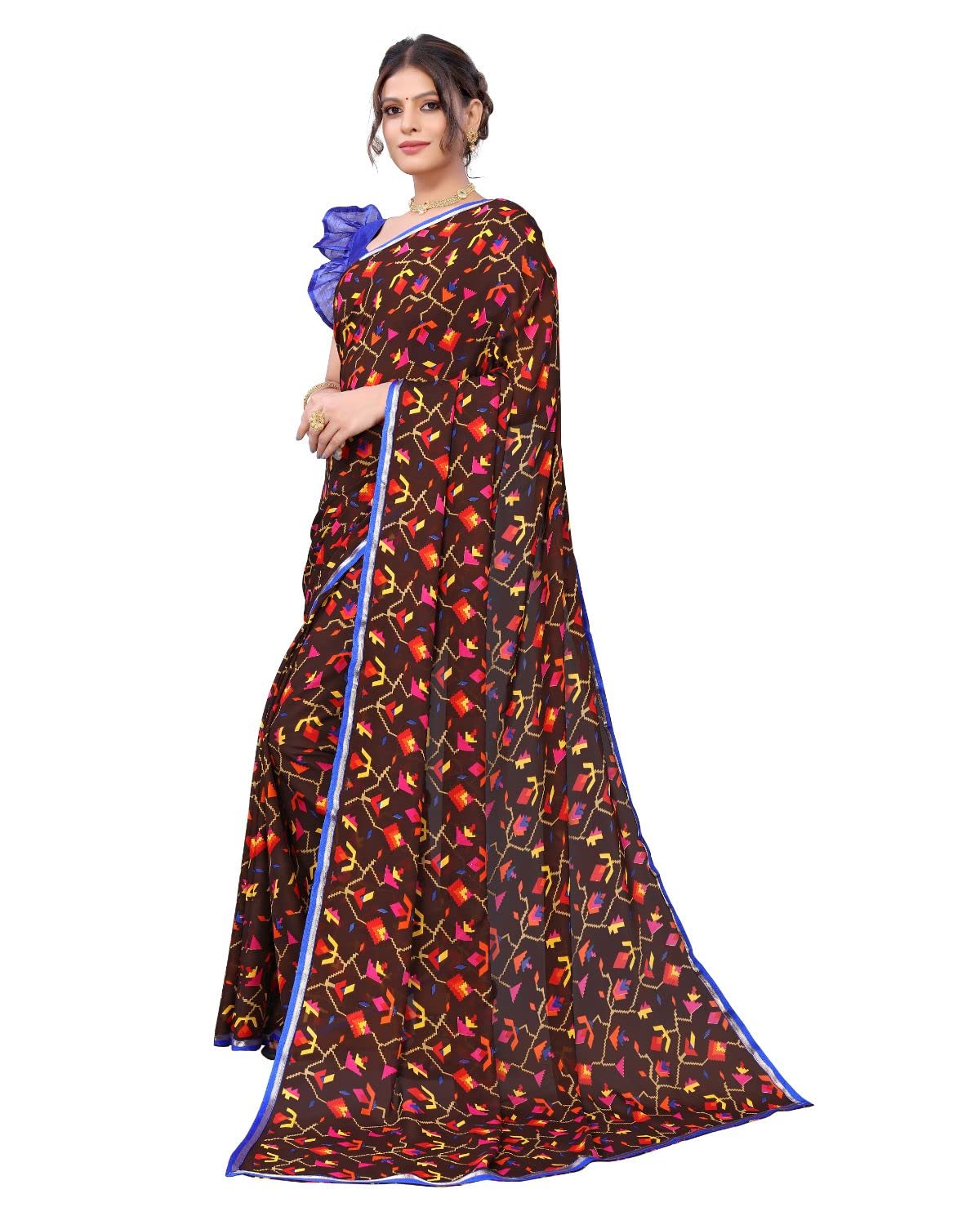 Tarshika Women's Brown Floral Printed Georgette Saree with lace border(RAVAN BROWN_W_Free Size)
