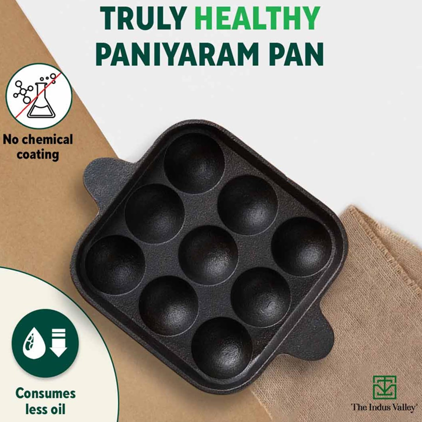 The Indus Valley Pre-Seasoned Cast Iron Square Paniyaram Pan | 9pit, 24cm/9.4inch, 1.3kg | Naturally Nonstick Appe/Paddu Pan, 100% Pure & Toxin-Free, No Chemical Coating, Black