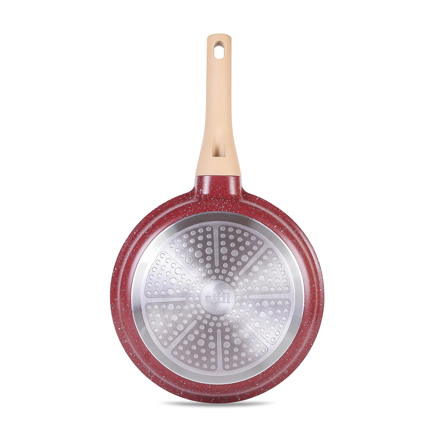 ATTIL - 28 cm Non-Stick Fry Pan with Glass Lid and Silicone Spatula - Induction Base - Granite Cookware Frying Pan - 2.5 LTR - Granite Red