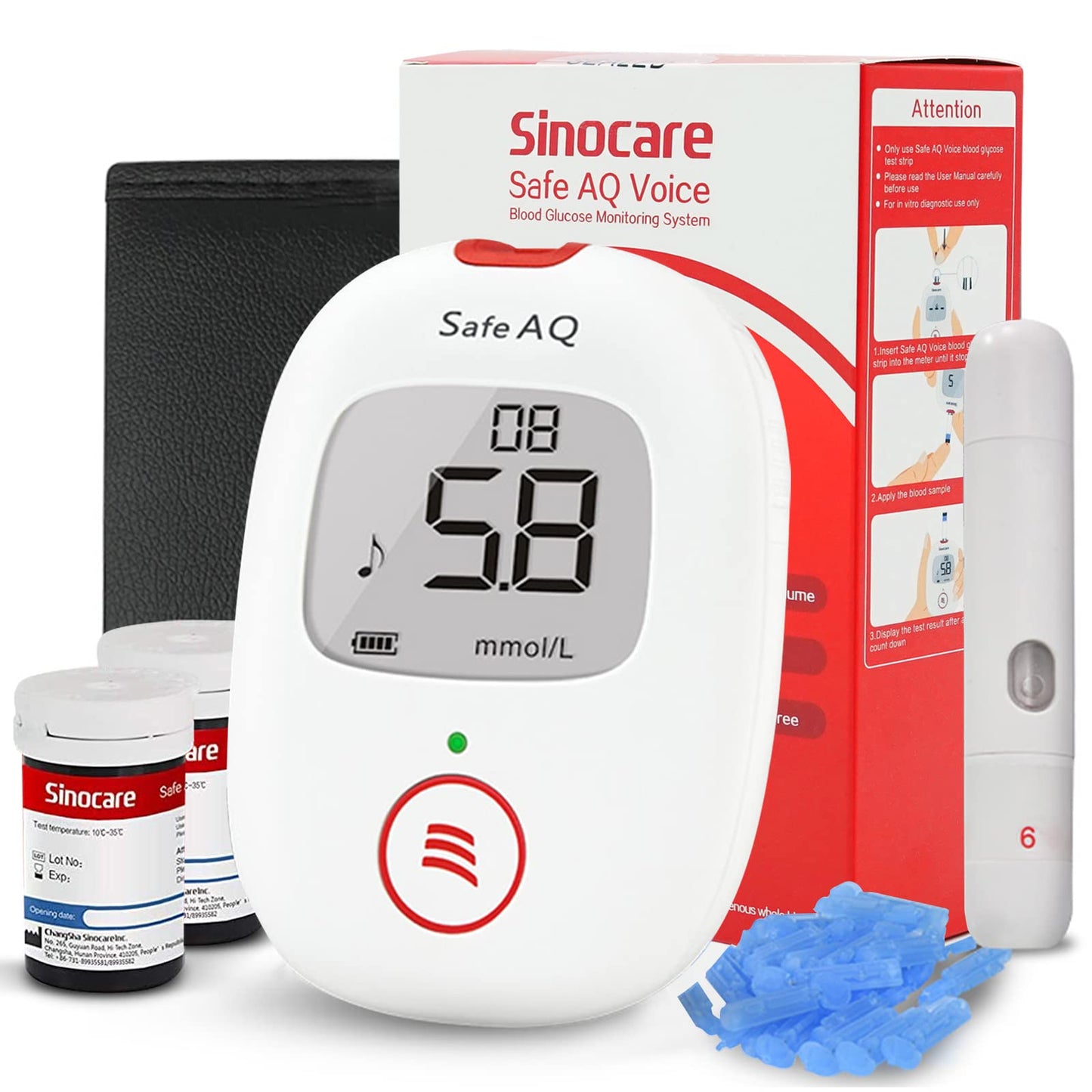 Sinocare PTS(USA) Diabetes Testing Kit/Blood Glucose Monitor Safe AQ Voice/Glucometer with Voice Reminder and Light Warning/Blood Sugar Test with 50Strips & 50Lancets & Case Pack