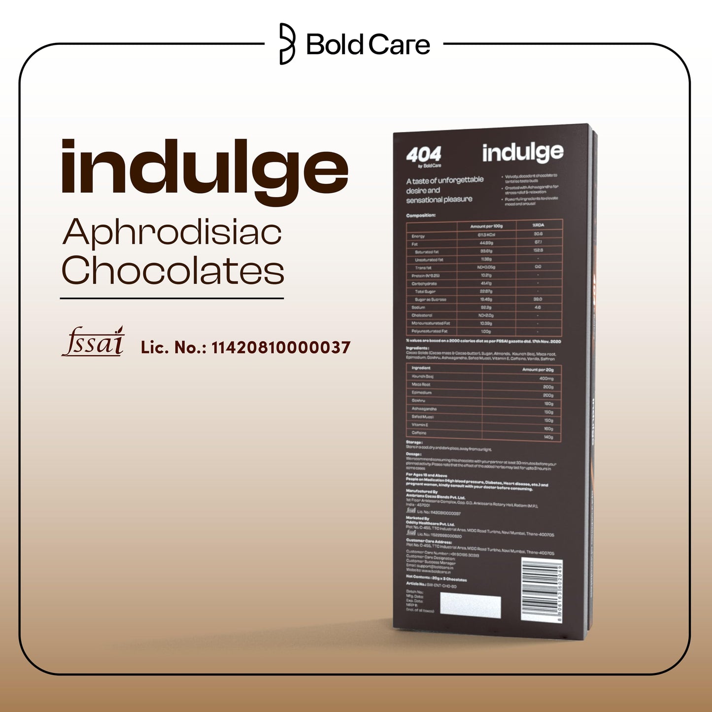 Bold Care Indulge Aphrodisiac Chocolate (60 gms) | Rich dark chocolate for improving mood & vitality | Created with Ashwagandha & Maca Root