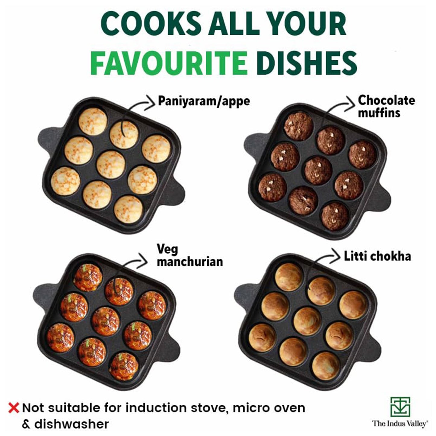 The Indus Valley Pre-Seasoned Cast Iron Square Paniyaram Pan | 9pit, 24cm/9.4inch, 1.3kg | Naturally Nonstick Appe/Paddu Pan, 100% Pure & Toxin-Free, No Chemical Coating, Black