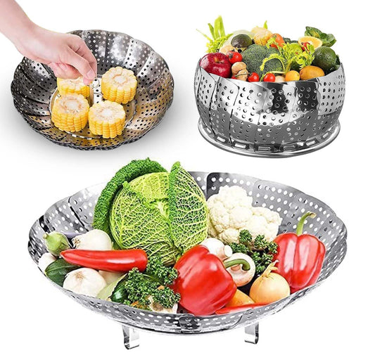 TCNAM Vegetable Steamer Basket, Folding Steamer to Fits Various Size Pot, Premium Stainless Steel Veggie Steamer Basket Insert for Veggie/Fish/Seafood/Momos/Fruits/Salad Cooking (SILVER, L)