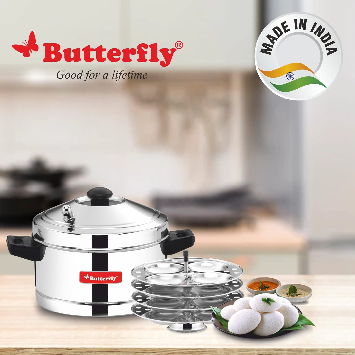 Butterfly Friendly Aluminium Idli Cooker with 4 Stainless Steel Idli Plates