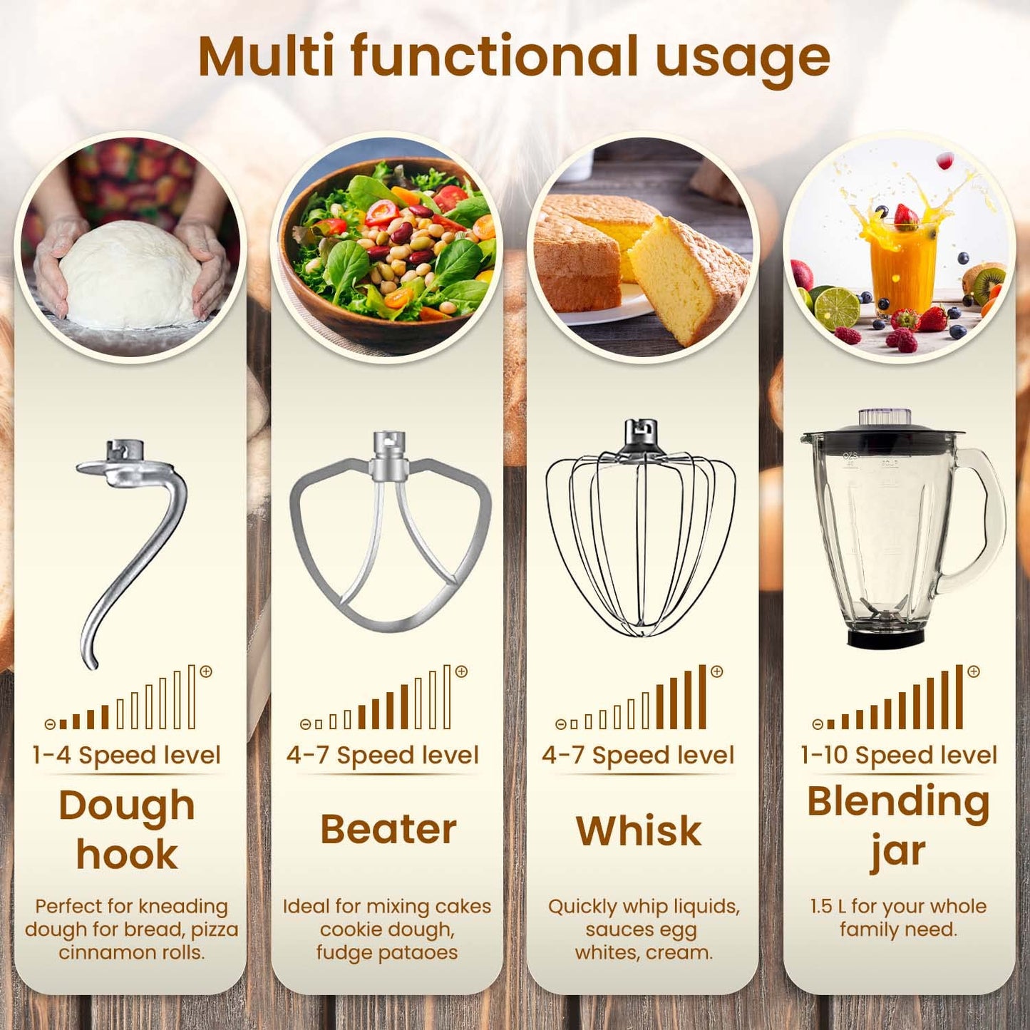 AGARO Imperial Stand Mixer,1400W with 6L SS Bowl, 1.5L Blending Jar,10 Speed With Pulse Function, 100% Copper Motor, Includes Blending Jar, Whisker, Beater, Dough Hook, Egg White Separator, Black