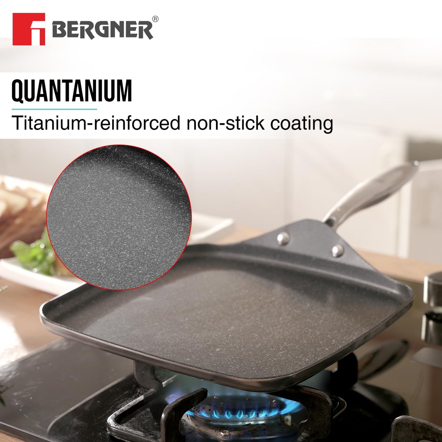 BERGNER Argent Samsara Triply Stainless Steel 27cm Square Multi Tawa with Quantanium Non-Stick Coating, Consumes Less Oil, Healthy Cooking, Even and Fast Heating, Easy to Clean - Induction Compatible