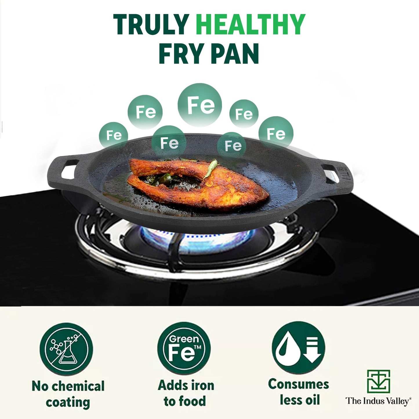 The Indus Valley Preseasoned Cast Iron Fish Fry Pan With Double Handle| Medium 22.4Cm/ 8.8Inch, 1.5Kg | Induction Friendly | Nonstick Fish Fry Pan, 100% Pure & Toxin Free, No Chemical Coating, Black
