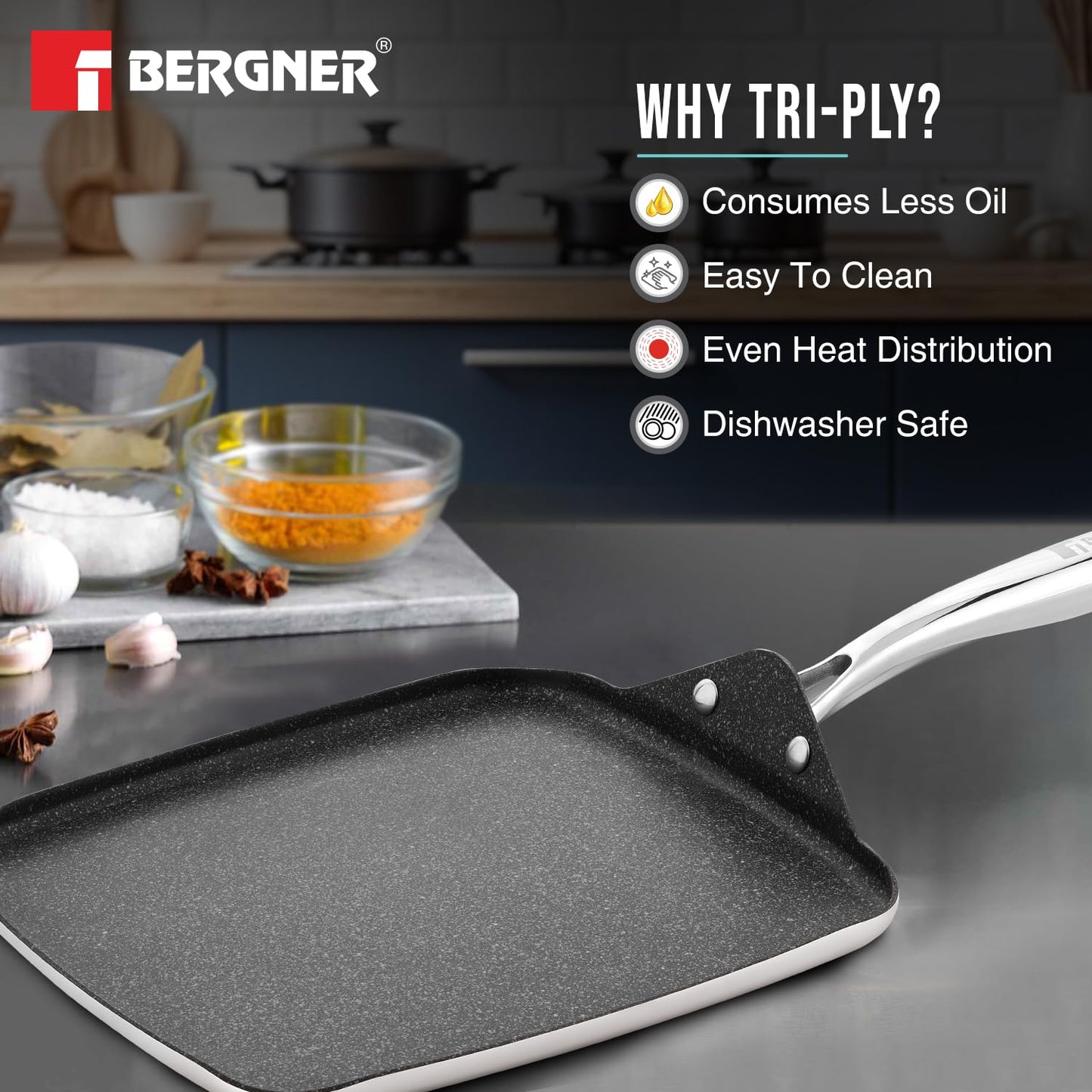 BERGNER Argent Samsara Triply Stainless Steel 27cm Square Multi Tawa with Quantanium Non-Stick Coating, Consumes Less Oil, Healthy Cooking, Even and Fast Heating, Easy to Clean - Induction Compatible