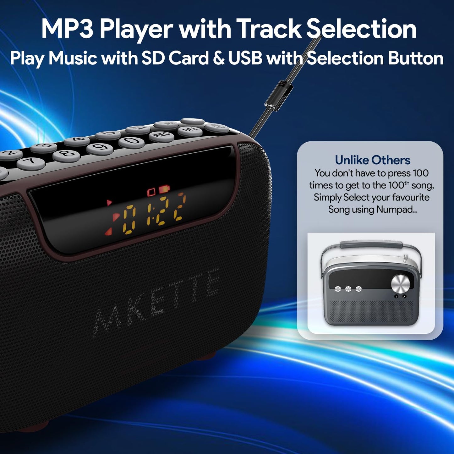 Amkette Pocket Blast 5 in 1 FM Radio with Bluetooth, Powerful Sound, Voice & FM Recording, External Antenna, 7+ Hours Playback, MP3 Player with Number Pad (AUX, SD Card, USB Input) (Brown)