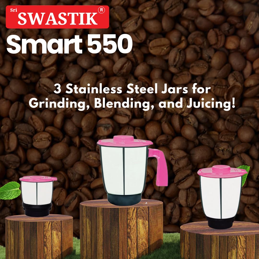 Sri Swastik Smart 550 Mixer Grinder - 550W Heavy-Duty Motor, 3 Stainless Steel Jars, Pink