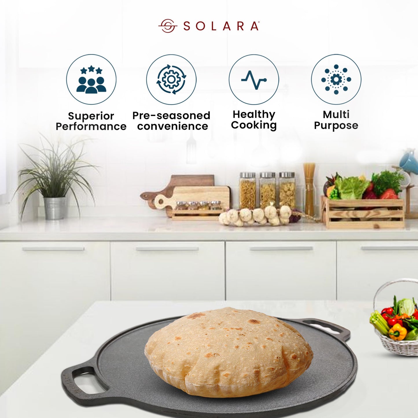 SOLARA Cast Iron Tawa for Dosa 12" Inch(30 CM), Tawa for Dosa, Uthappam, Roti, Chapati, Naan, Gas & Induction Friendly, Dosa Tawa Cast Iron, Cast Iron Cookware
