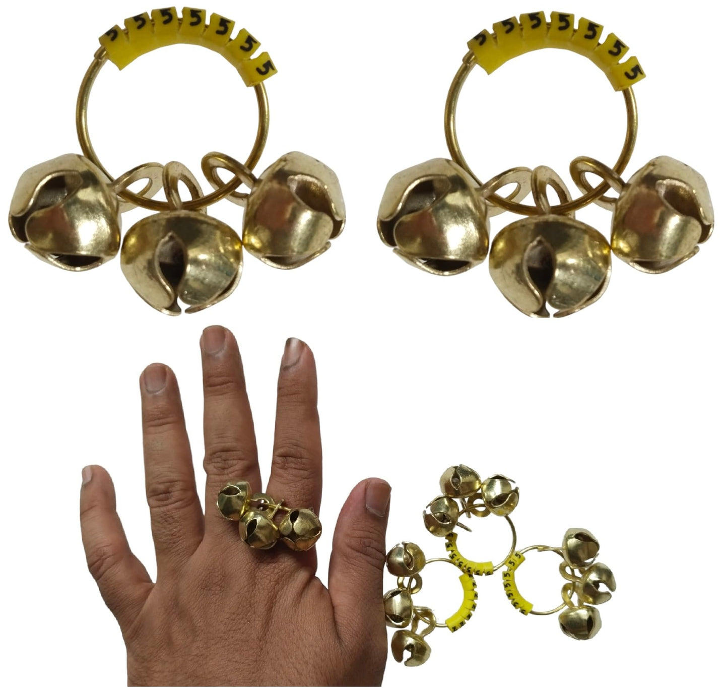 (Big Size, High Sound) Classy Looks Ghungroo Bells Finger Clapping Ring Yellow Kadi (Non Brass) Home Temple Pooja Aarti Bhajan Ganapati Ganesh Navratri Festivals Musical Gifting Goddess Chiming (10)