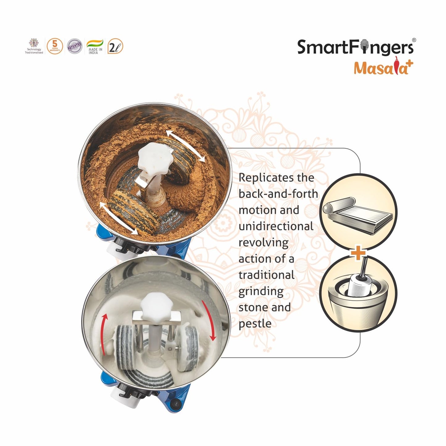 SmartFingers Masala + Table Top Masala Wet Grinder 230V 50hz, 2 Liter, Blue