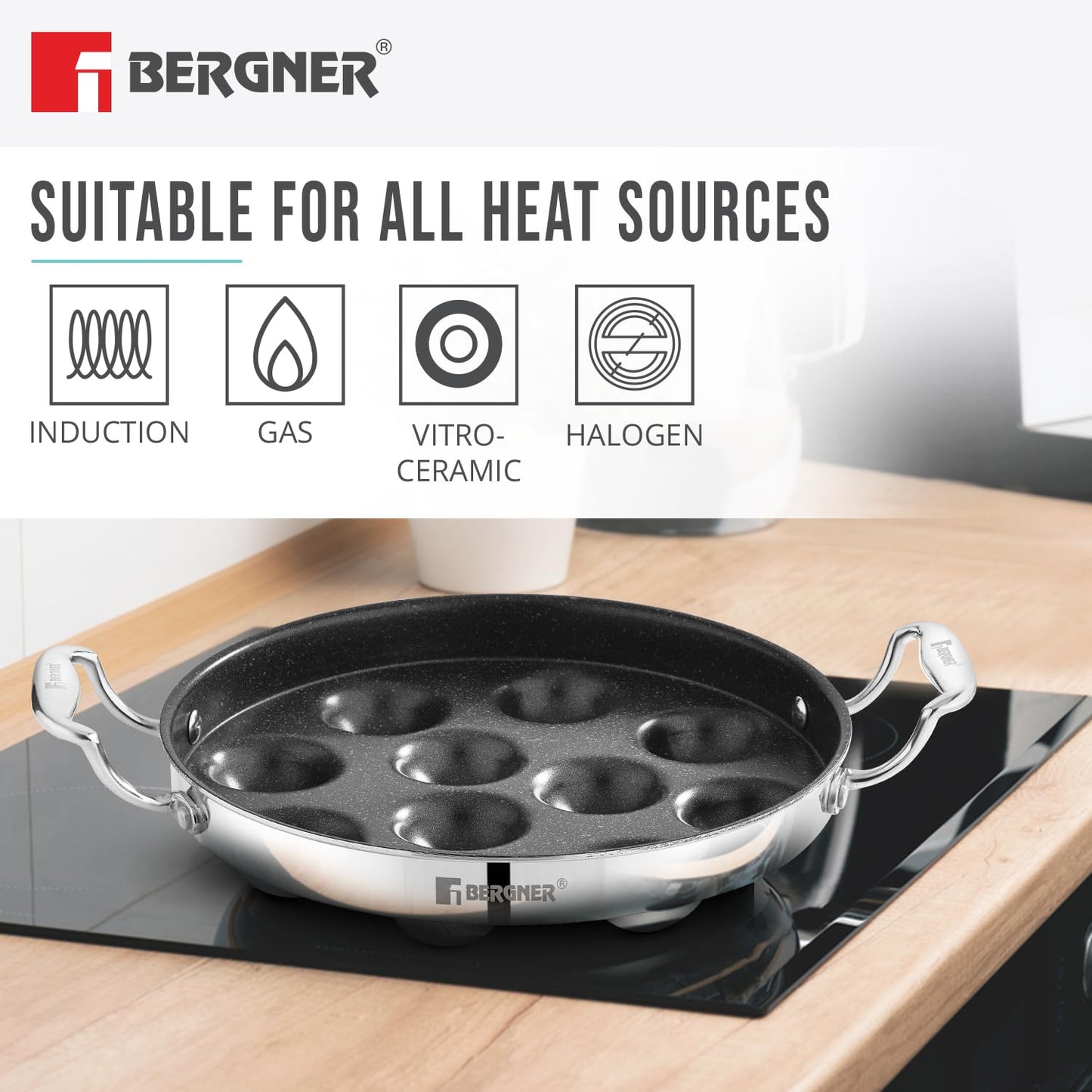 BERGNER Argent Samsara Triply Stainless Steel 11 Pits (25cm) Round Paniyarakkal with Glass Lid, Paniyaram with Quantanium Non-Stick Coating, Consumes Less Oil, Healthy Cooking - Induction Compatible