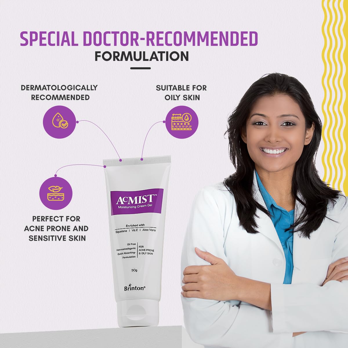 Brinton AcMist Moisturizing Cream Gel for Acne Prone and Oily Skin, Dry Skin Care Cream, 50 g