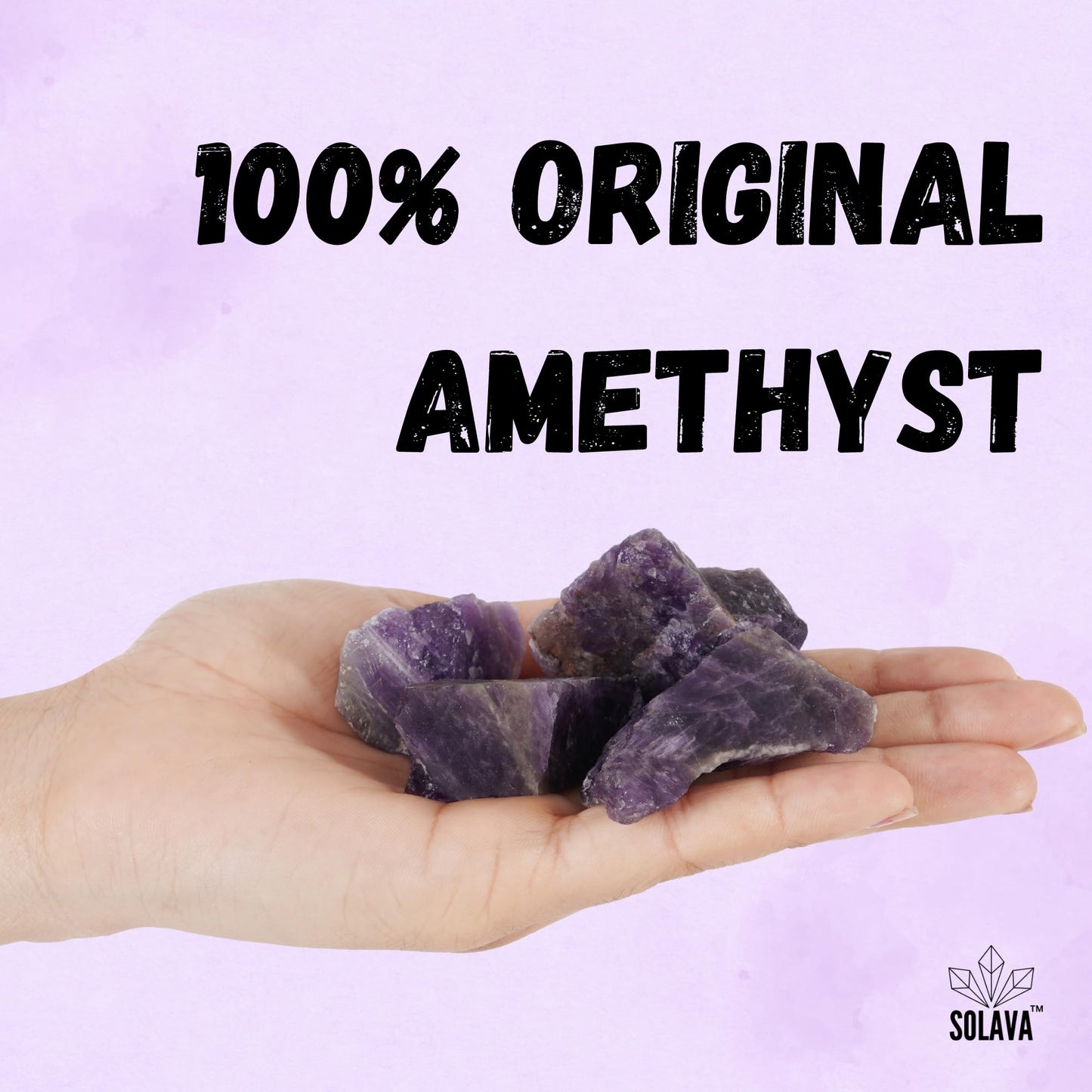 SOLAVA Natural Amethyst Crystal Stone Original Certified - Raw Healing Crystals, Purple Rough Stone For Anxiety, Stress, Good Luck, Peace, Manifestation, Meditation, And Reiki Healing - 2+ Pieces