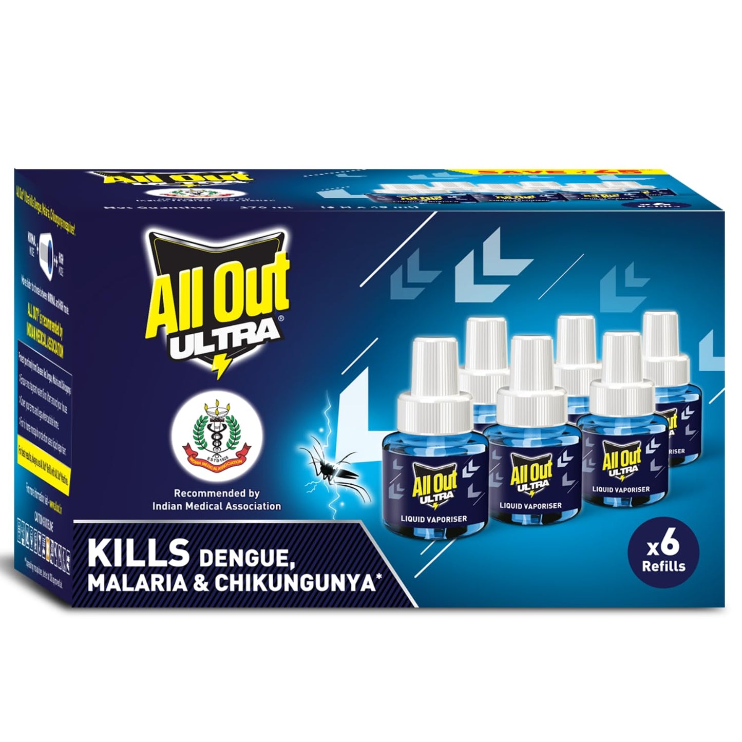 All Out Ultra Liquid Vaporizer, 6 Refills (45ml each) | Kills Dengue, Malaria & Chikungunya Spreading Mosquitoes| India's Only Mosquito Killer Brand Recommended by Indian Medical Association