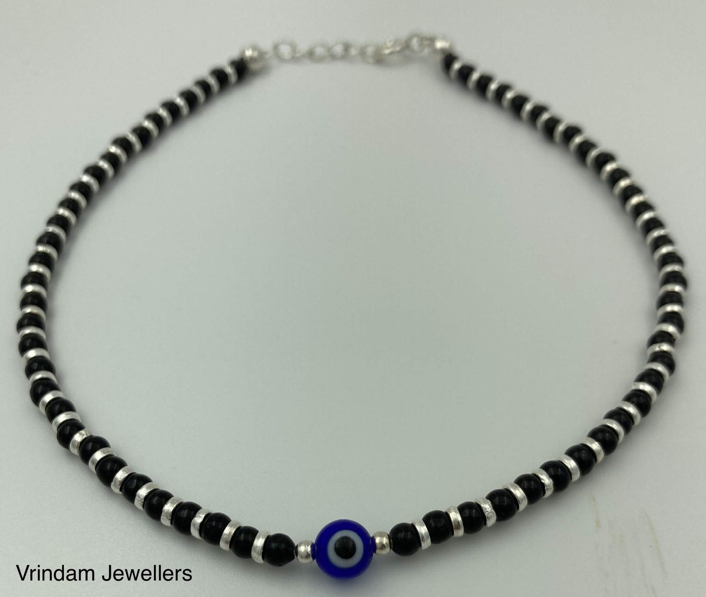 VRINDAM JEWELLERS 925 Sterling Silver Blue Evil Eye Nazariya Anklet with Black Beads For Girl's & Women |Adjustable |Comfortable |Single Piece |Length 27 cm |Weight Approx...7 GM