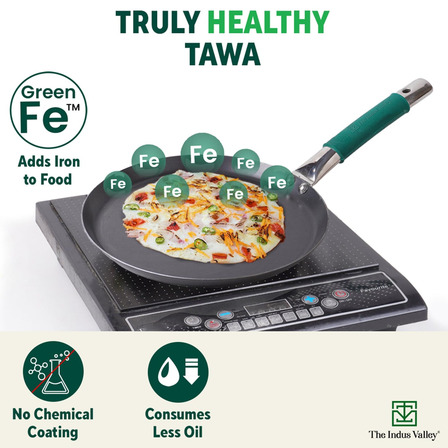 The Indus Valley Pure Iron Flat Tawa With Silicone Grip | 26Cm/10.2 Inch, 1Kg | Induction Friendly | 100% Pure & Toxin-Free, No Chemical Coating,Multicolor