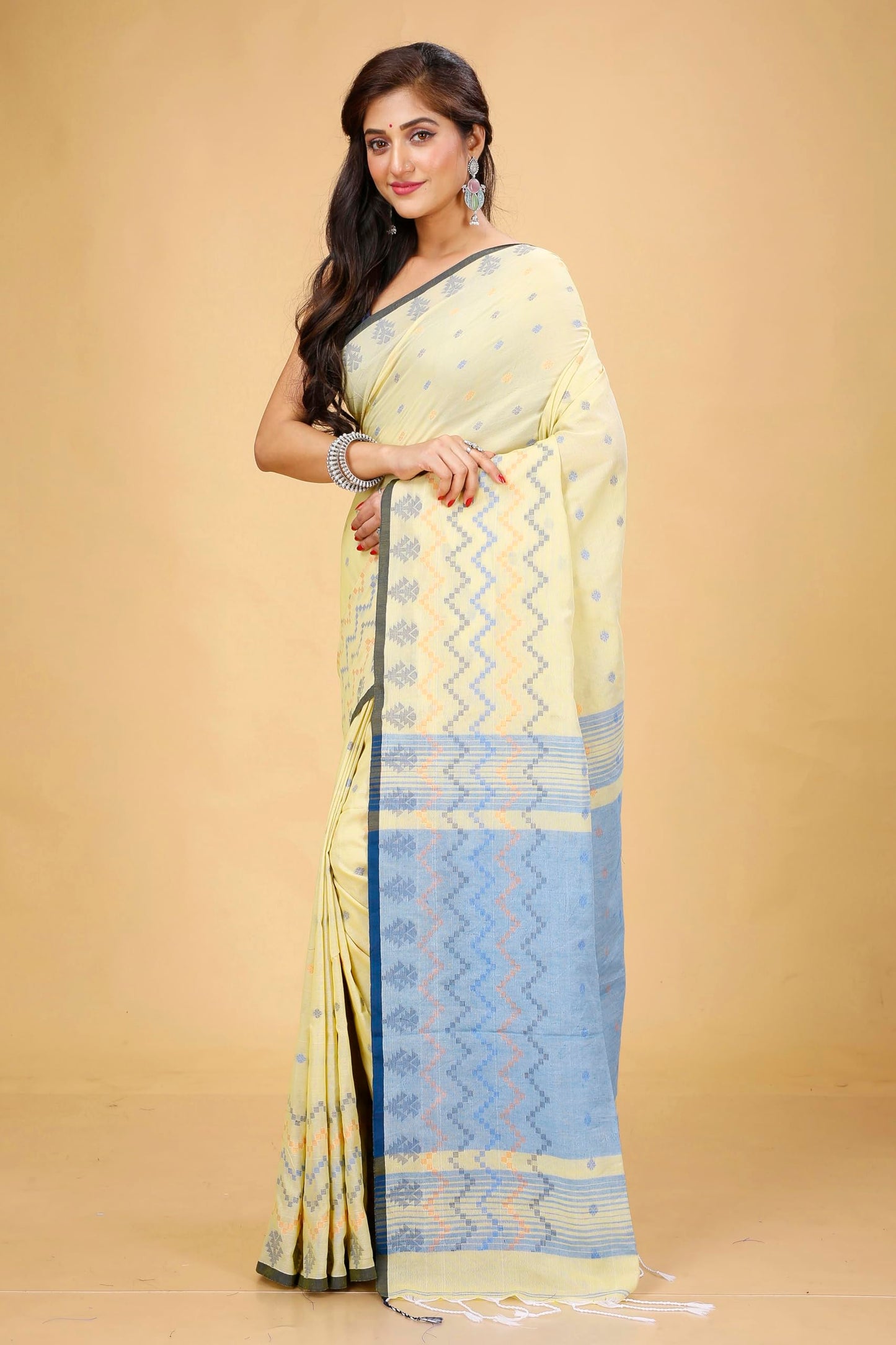 Ankita SAREE HOUSE Women's Traditional Bengal Cotton Silk Beki Border Handloom Soft Saree with Blouse Piece (Chiku)