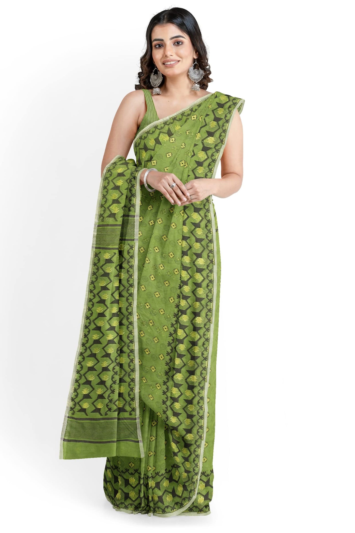 Saree Niketan Women's Traditional Bengal Cotton Silk Dhakai Jamdani Saree. (Green)